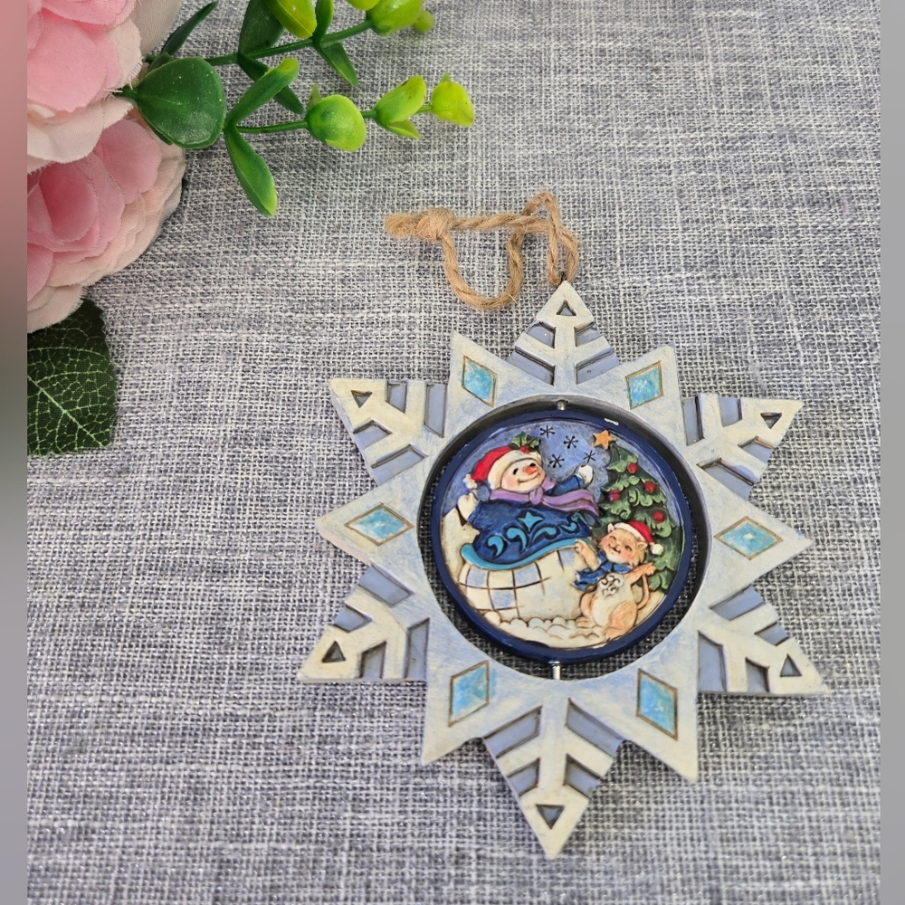 Jim Shore Snowflake with Moving Piece Ornament Let it Snow Cat & Snowman